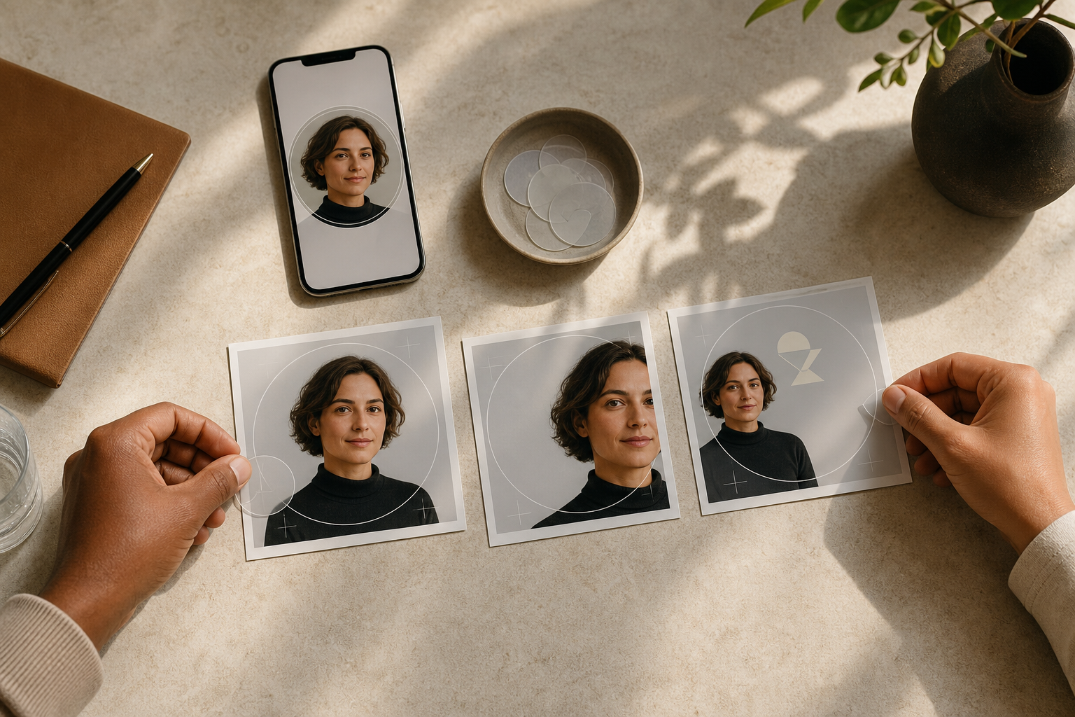 Celular e três variações quadradas de um retrato mostram diferentes margens para conferir o recorte circular de uma foto de perfil.