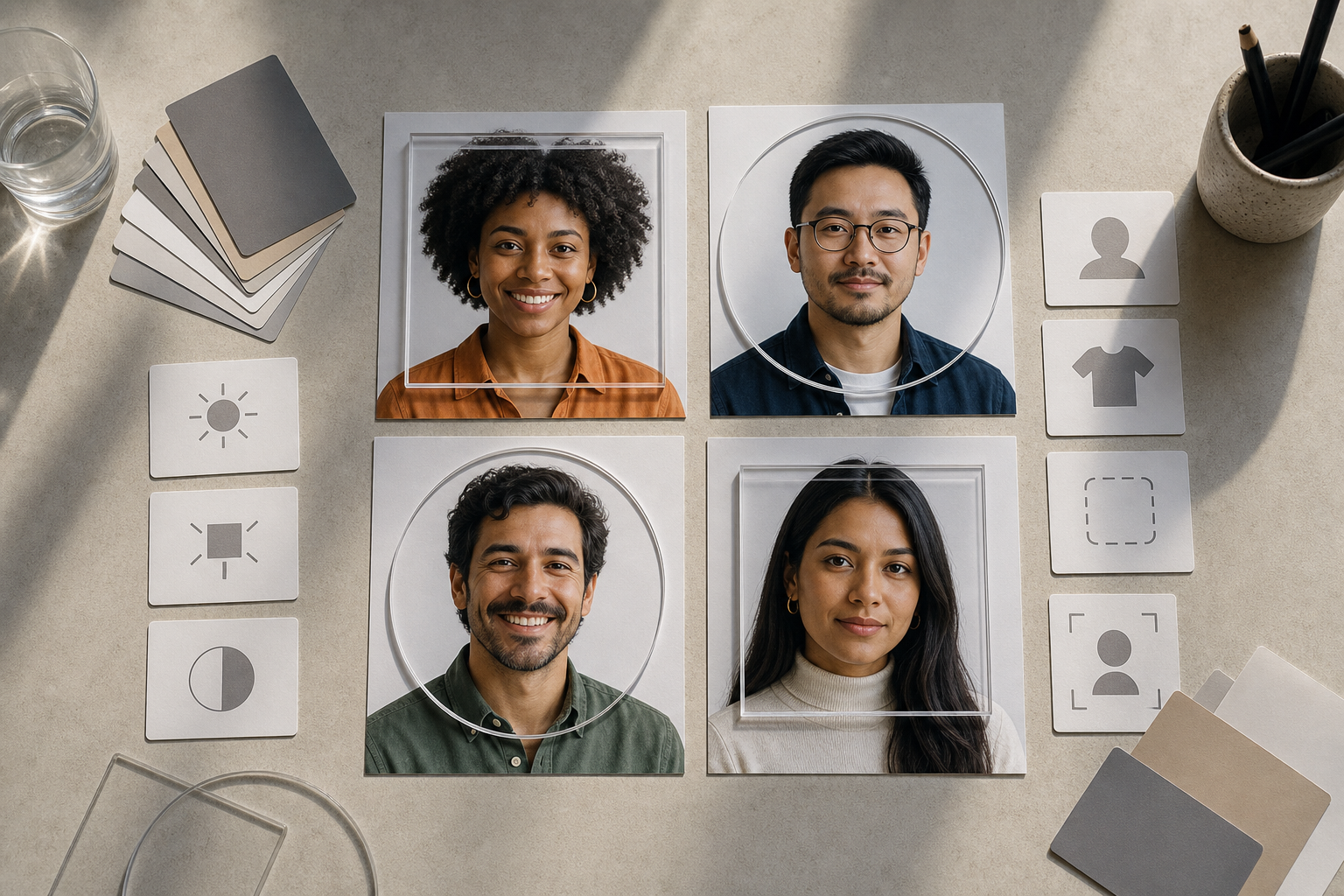 Quatro retratos diversos organizados em uma grade com guias visuais de fundo, enquadramento, luz e área segura.