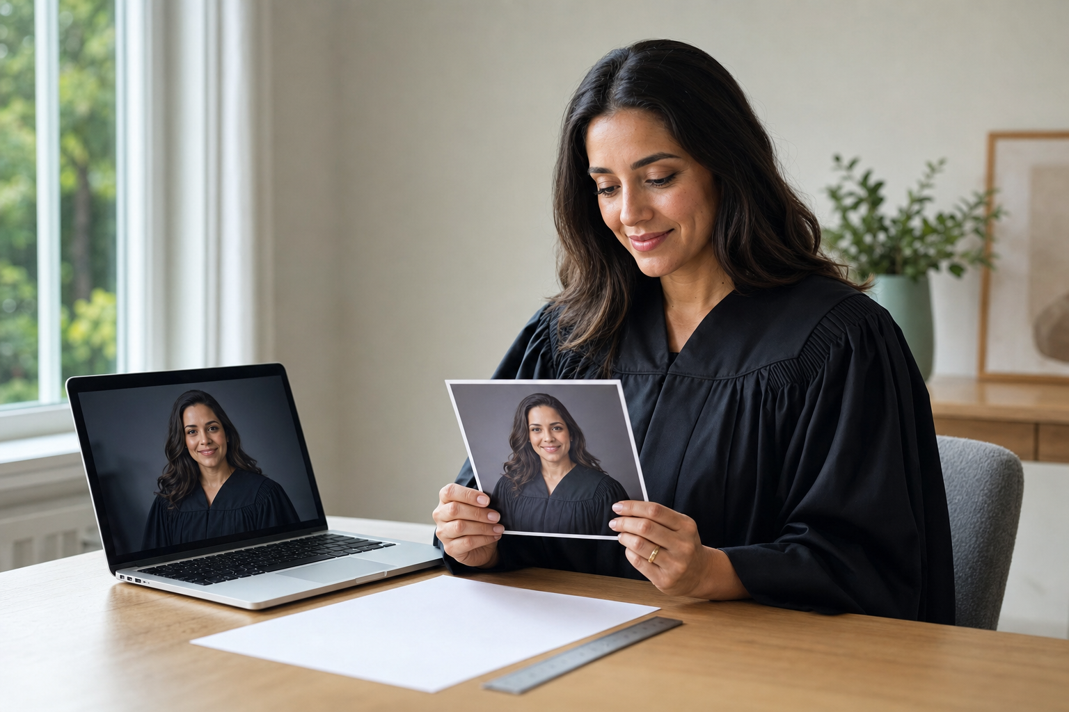 Formanda de beca compara uma prova impressa do retrato com a imagem exibida no notebook antes da impressão final.