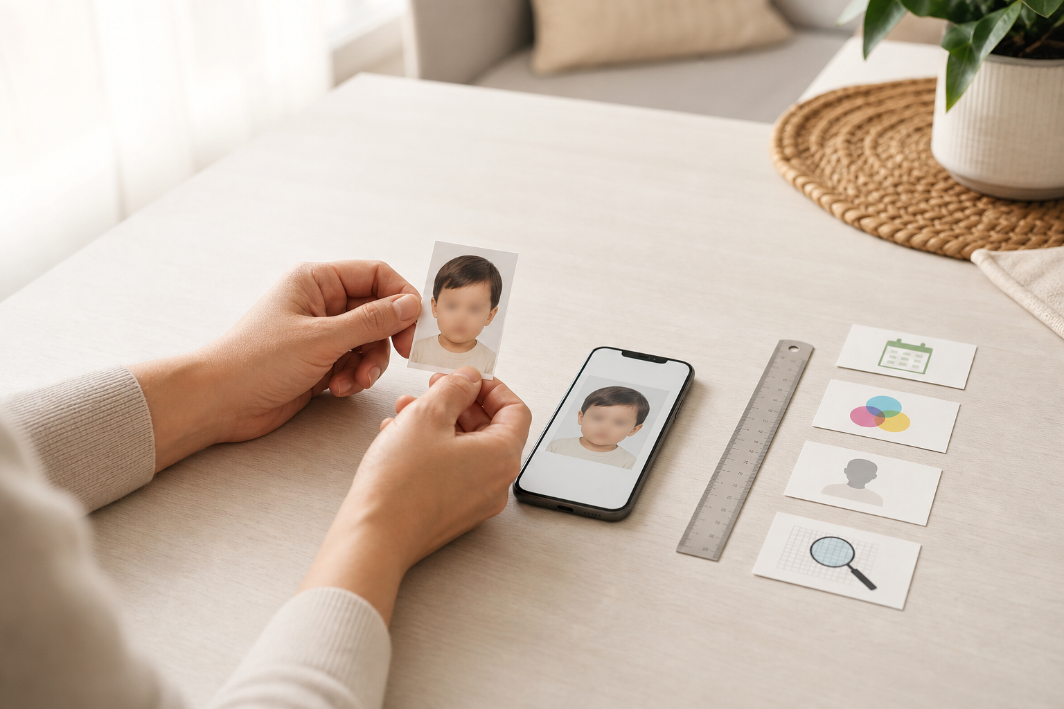 Responsável confere uma foto infantil 5×7 e um arquivo digital ao lado de uma régua em mesa clara