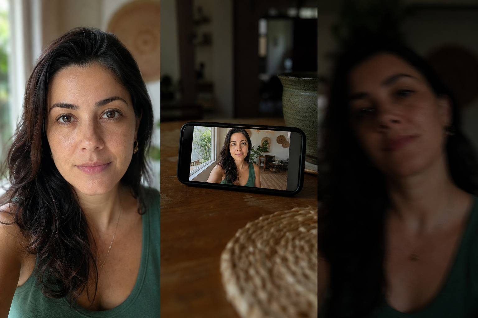 Composição conceitual mostra uma selfie adequada, outra que pede ajuste de enquadramento e uma terceira com sombra e desfoque que deve ser refeita.
