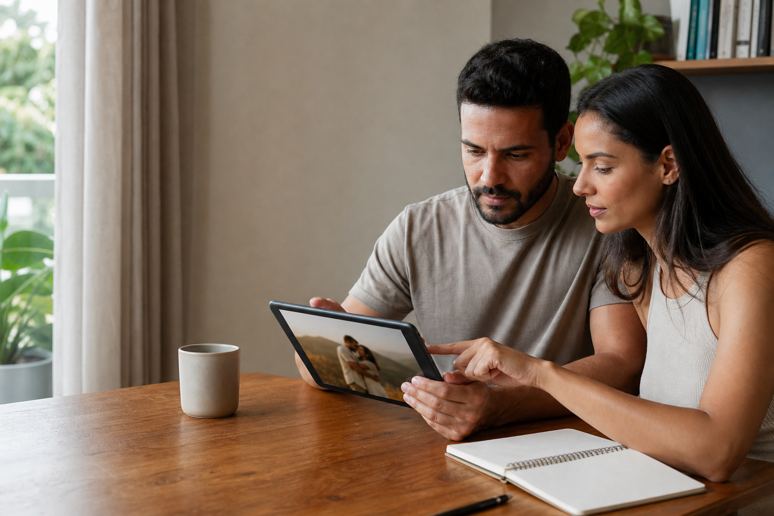 Casal sentado à mesa revisa junto uma foto em um tablet antes de montar o save the date.
